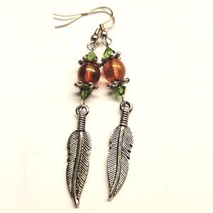 Red and Green Beaded Feather Earrings